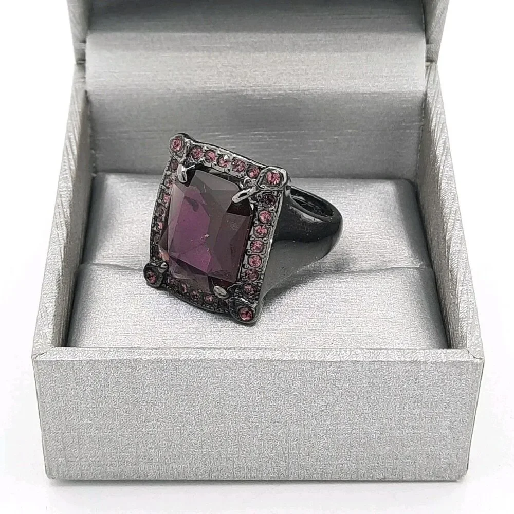 Statement Chunky Goth Purple Facet Gunmetal Acrylic Rhinestone 8-10 Adjustable
